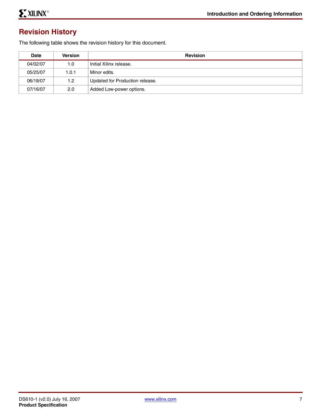 Xilinx DS610 manual Revision History, Date Version Revision 