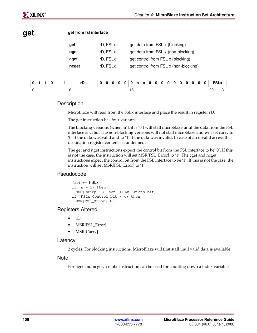 Xilinx EDK 8.2i manual Get from fsl interface, Nget, Cget, Ncget 