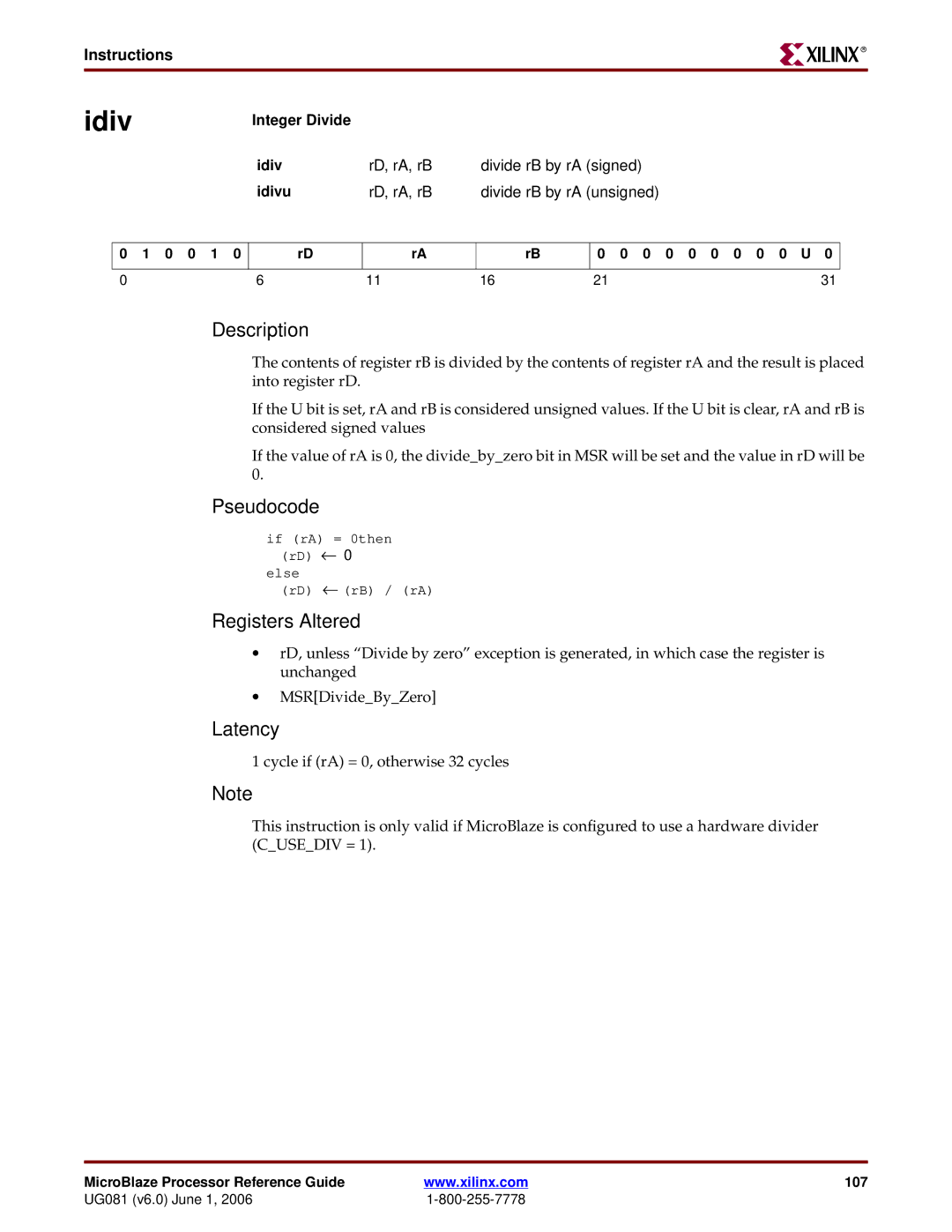 Xilinx EDK 8.2i manual Integer Divide Idiv, Idivu 