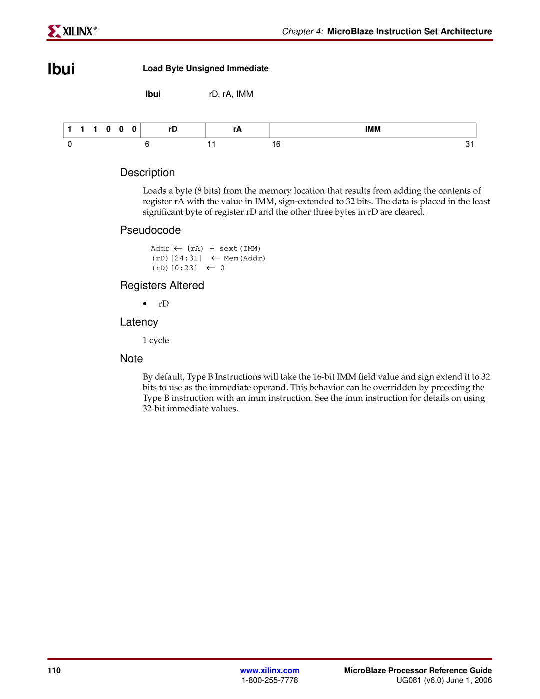 Xilinx EDK 8.2i manual Load Byte Unsigned Immediate Lbui RD, rA, IMM 