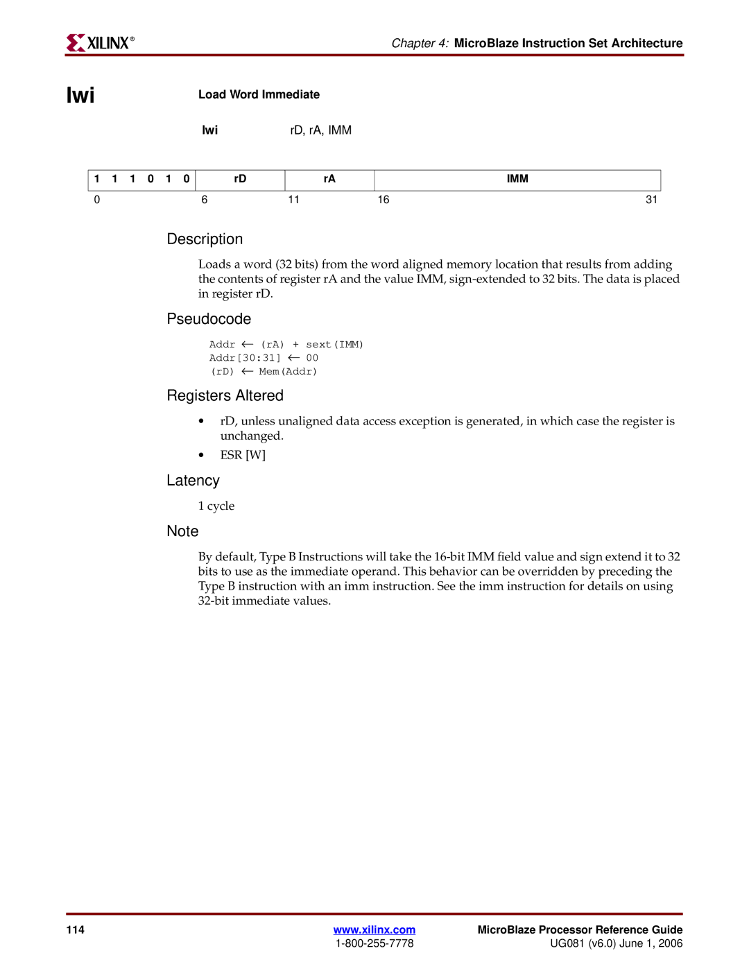 Xilinx EDK 8.2i manual Load Word Immediate Lwi RD, rA, IMM 