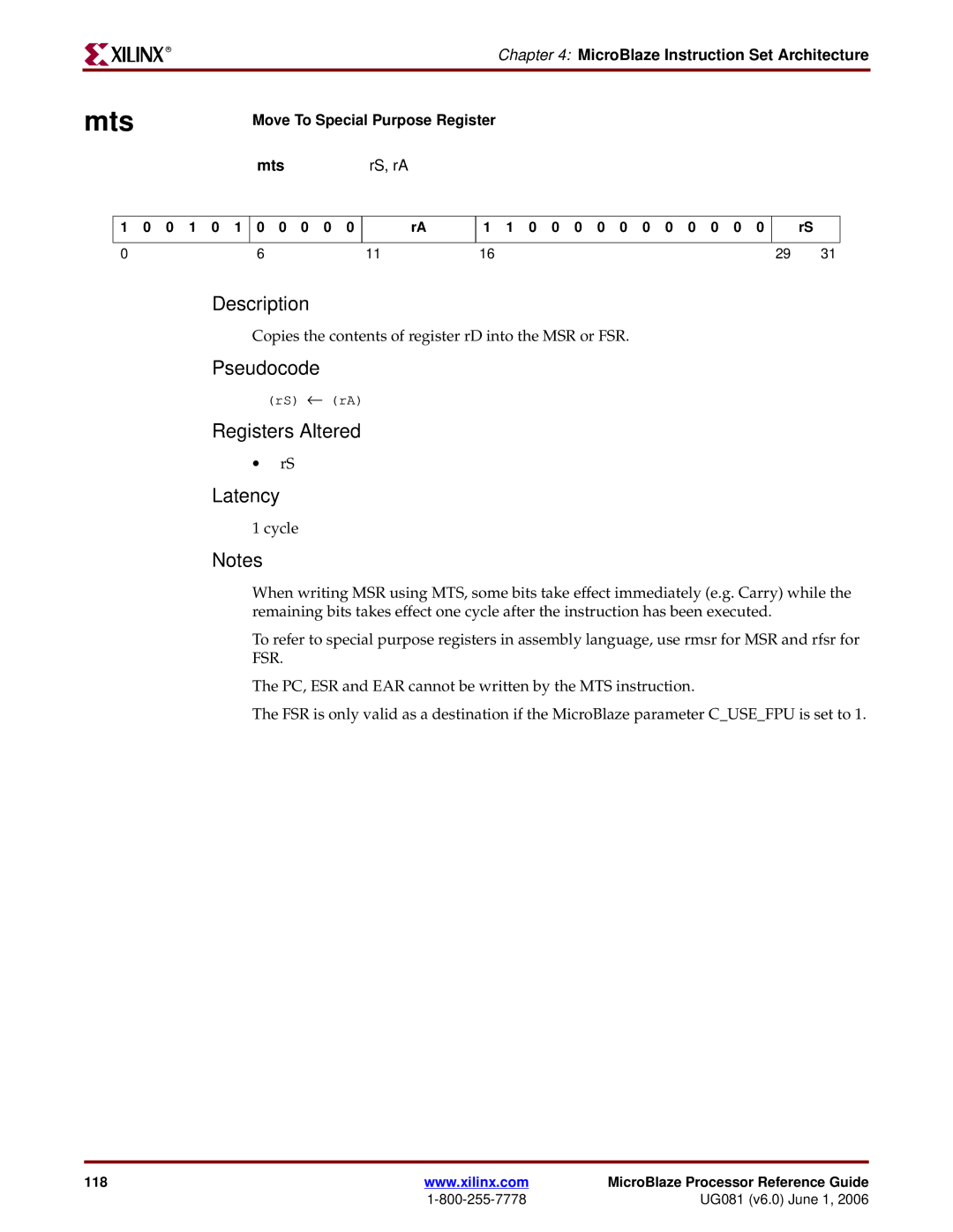 Xilinx EDK 8.2i manual Move To Special Purpose Register Mts RS, rA 