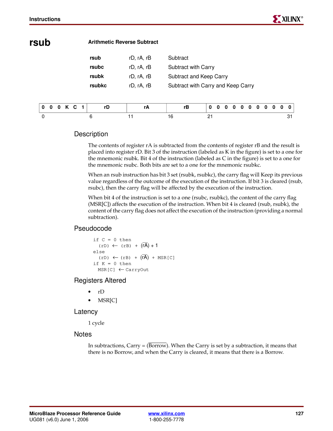 Xilinx EDK 8.2i manual Arithmetic Reverse Subtract Rsub, Rsubc, Rsubkc 