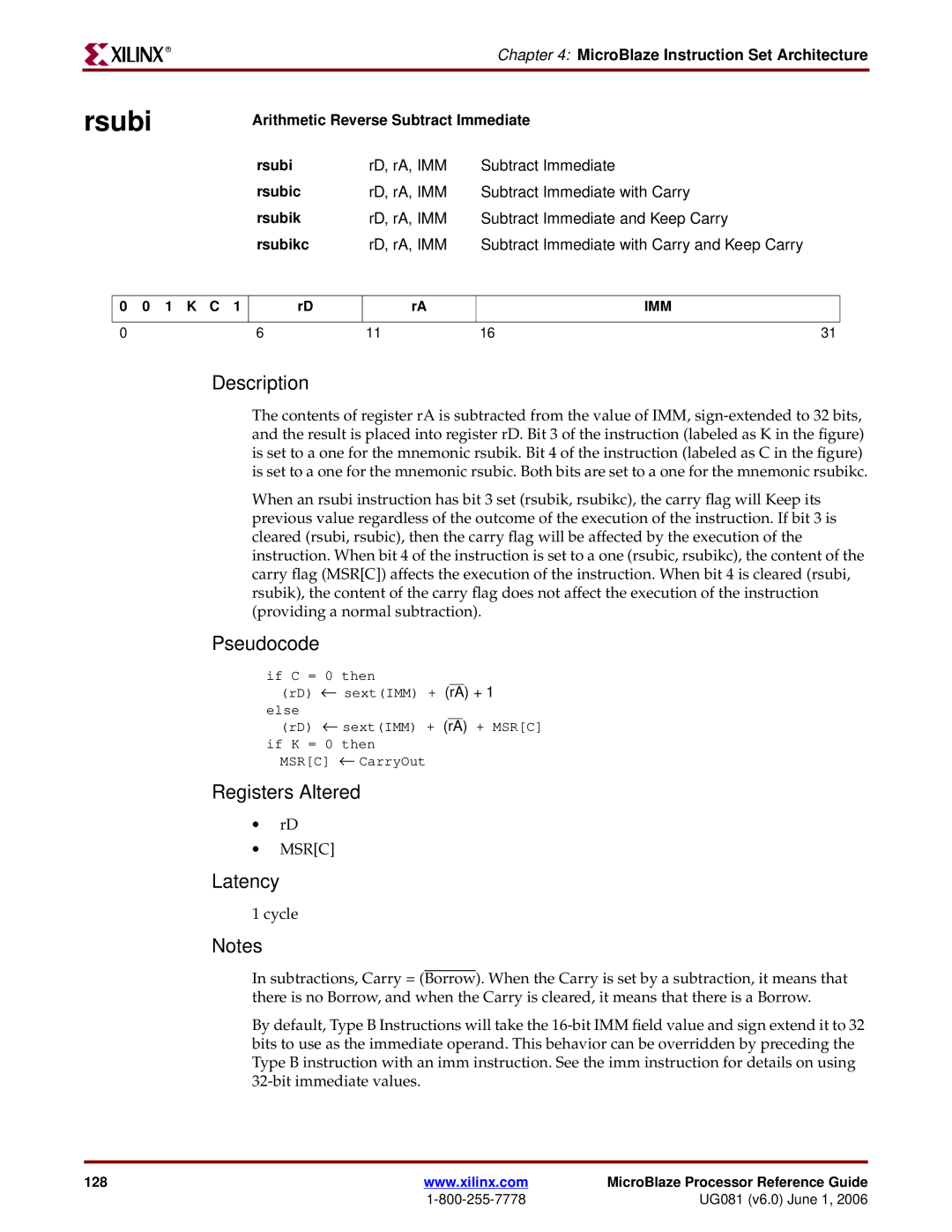 Xilinx EDK 8.2i manual Arithmetic Reverse Subtract Immediate Rsubi, Rsubic, Rsubikc 