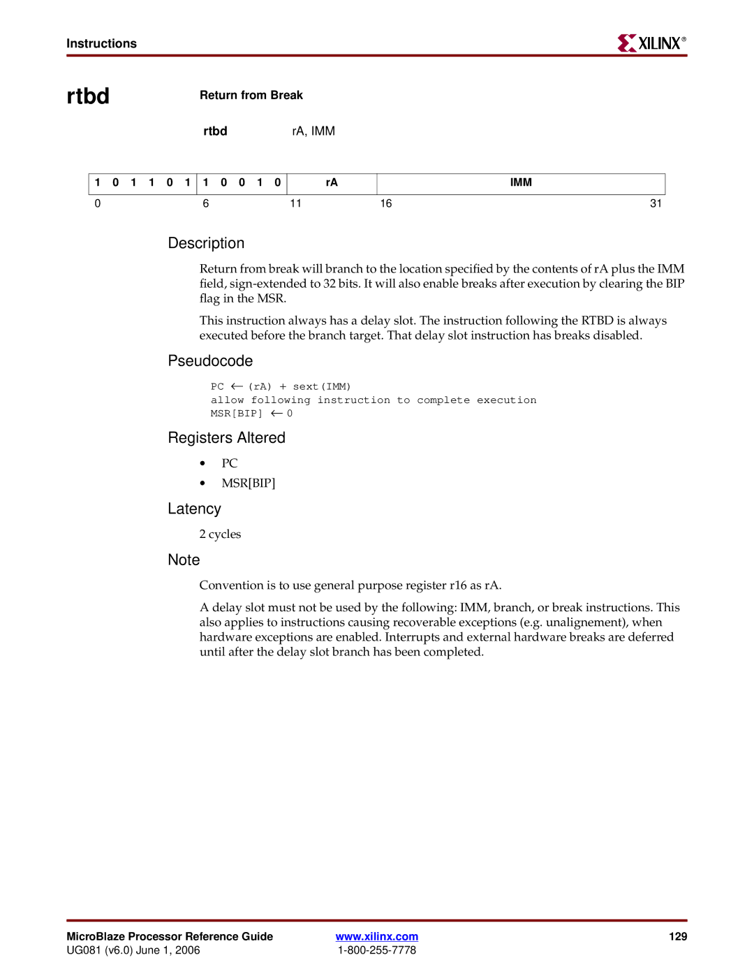 Xilinx EDK 8.2i manual Return from Break, Rtbd RA, IMM 