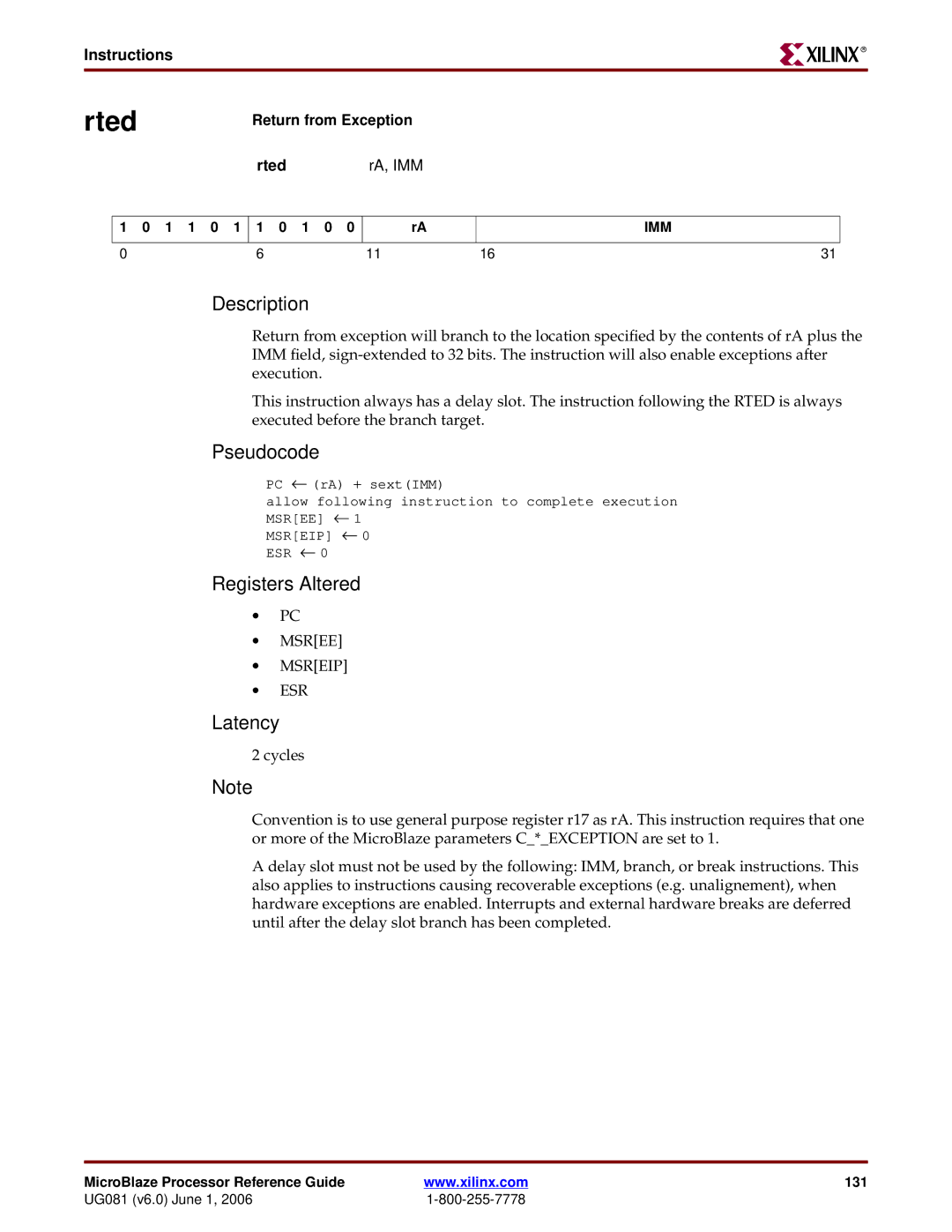 Xilinx EDK 8.2i manual Return from Exception Rted RA, IMM, Msree Msreip ESR 