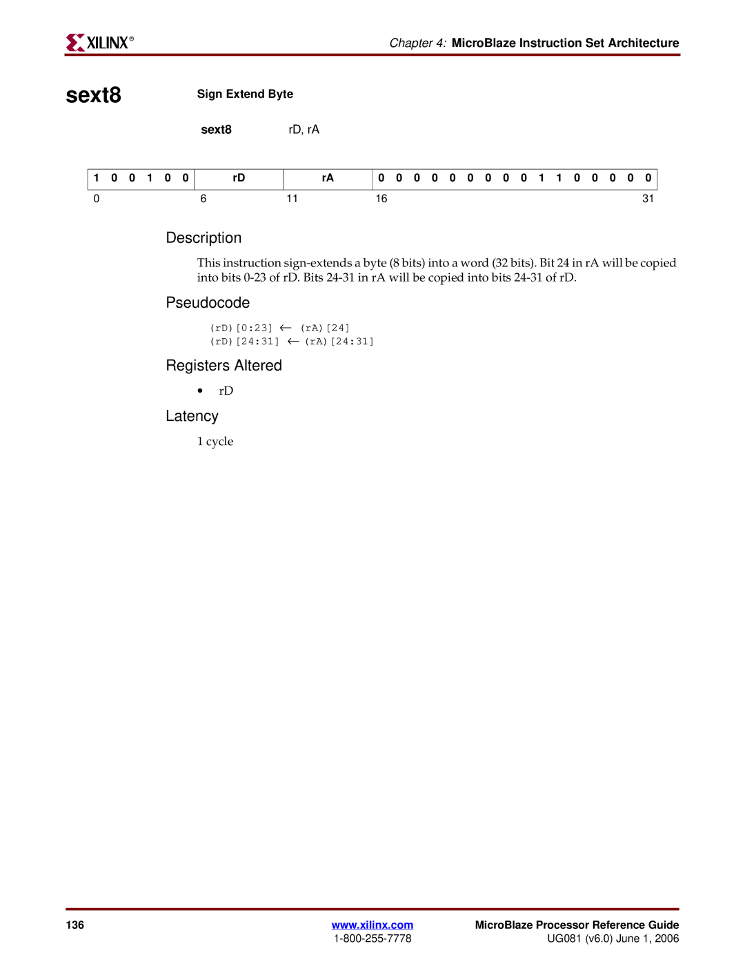 Xilinx EDK 8.2i manual Sign Extend Byte, Sext8 RD, rA 