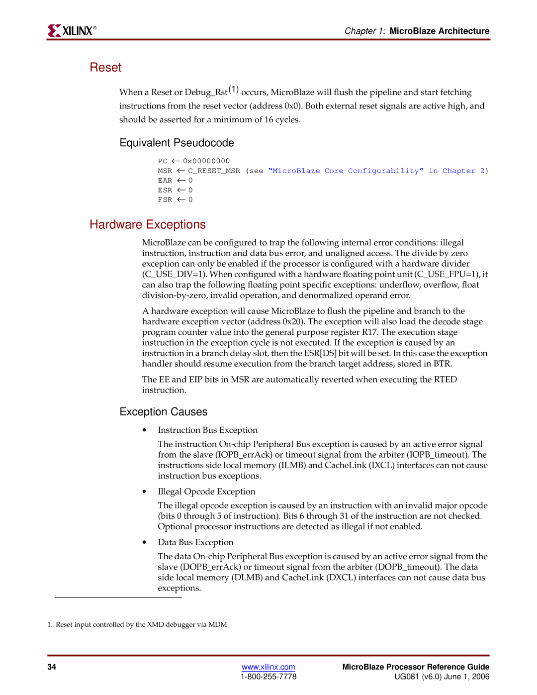 Xilinx EDK 8.2i manual Reset, Hardware Exceptions, Equivalent Pseudocode, Exception Causes 