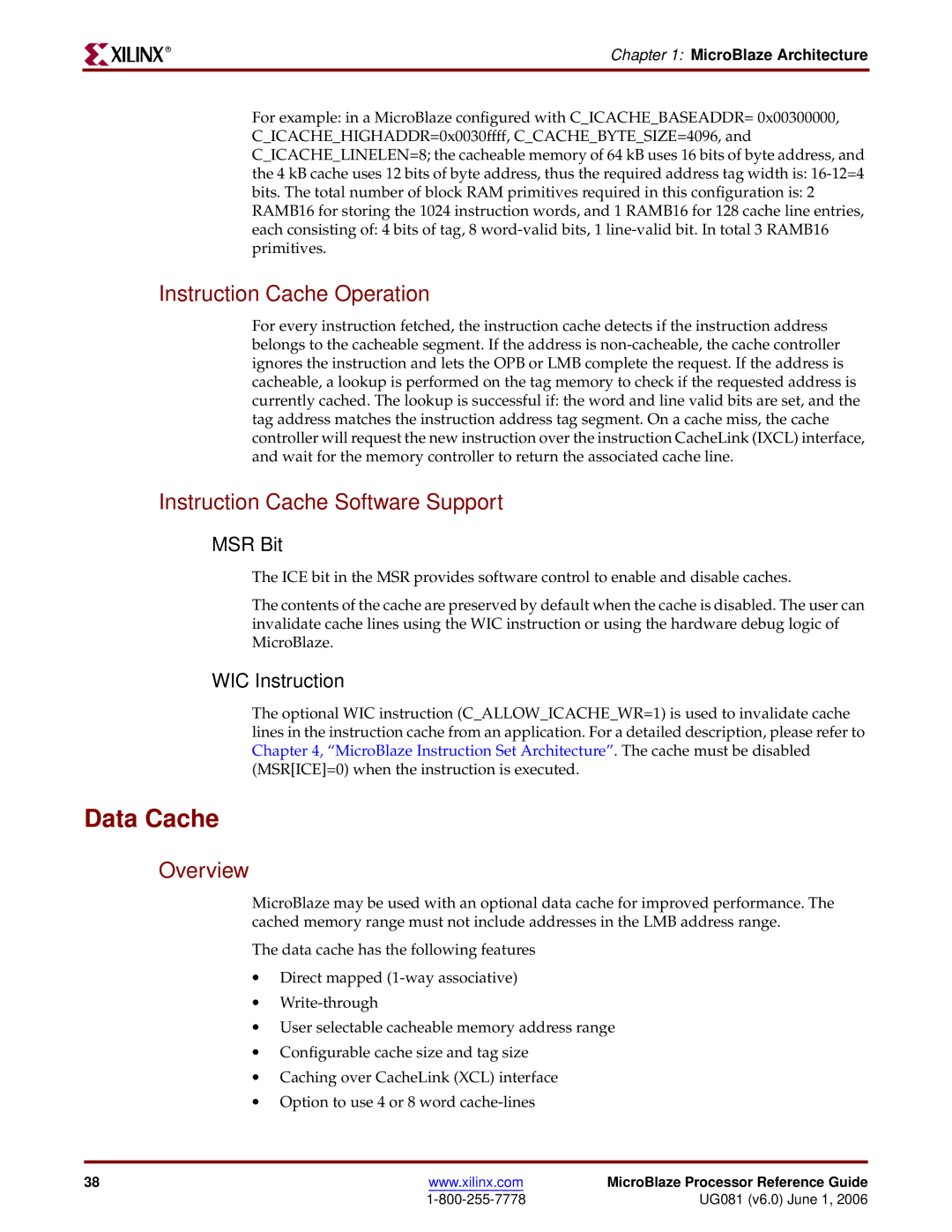 Xilinx EDK 8.2i Data Cache, Instruction Cache Operation, Instruction Cache Software Support, MSR Bit, WIC Instruction 