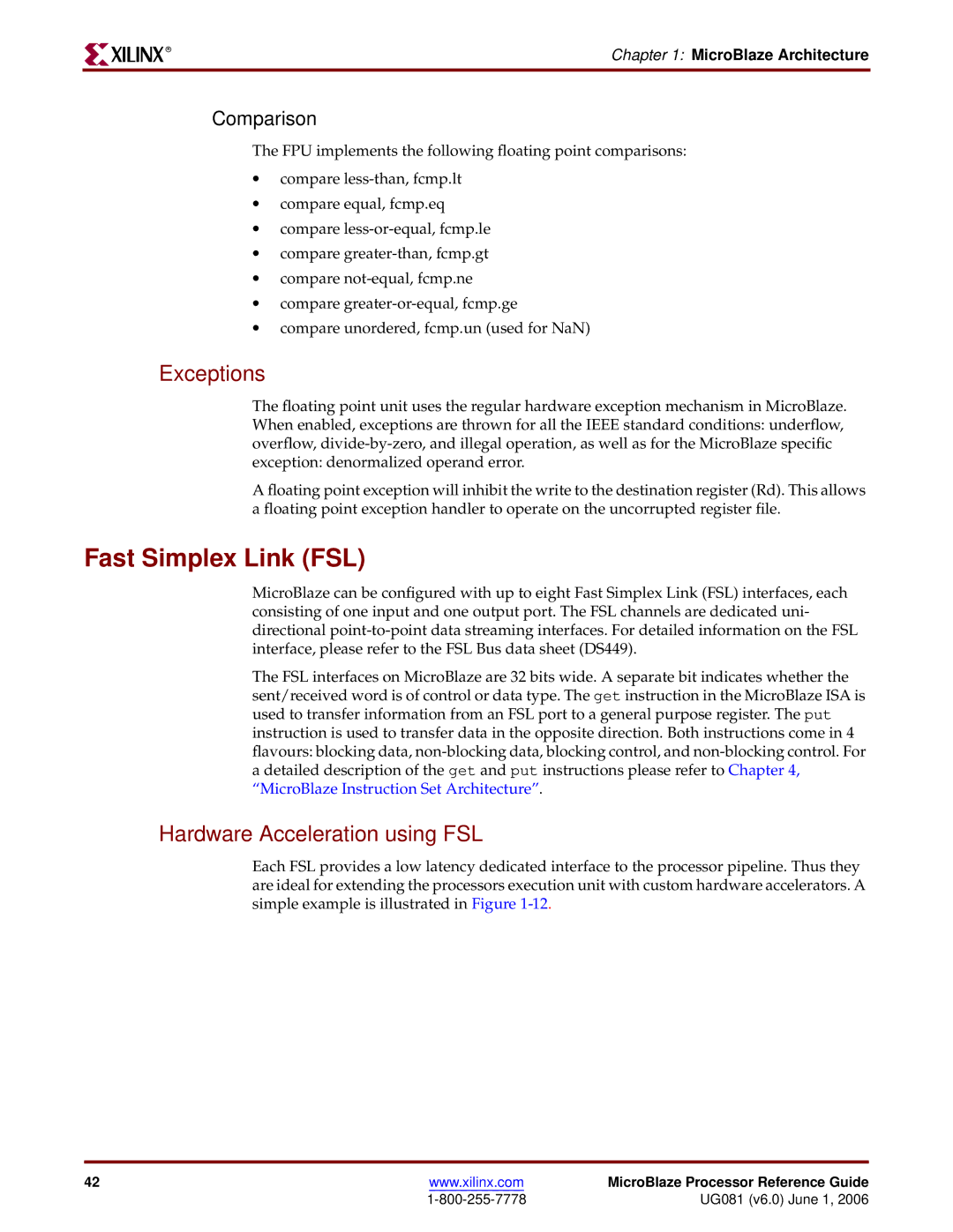 Xilinx EDK 8.2i manual Fast Simplex Link FSL, Exceptions, Hardware Acceleration using FSL, Comparison 