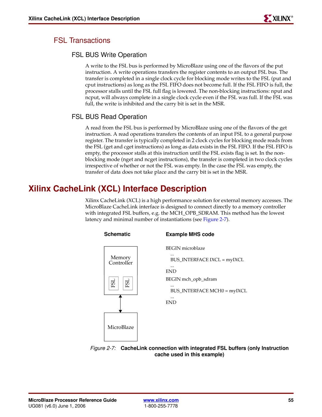 Xilinx EDK 8.2i manual Xilinx CacheLink XCL Interface Description, FSL Transactions, FSL BUS Write Operation 