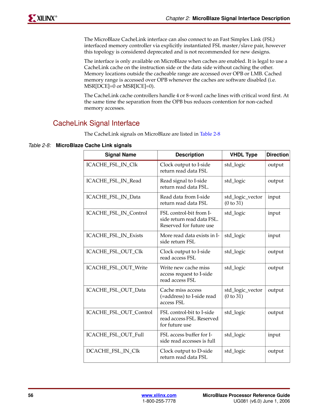 Xilinx EDK 8.2i manual CacheLink Signal Interface 