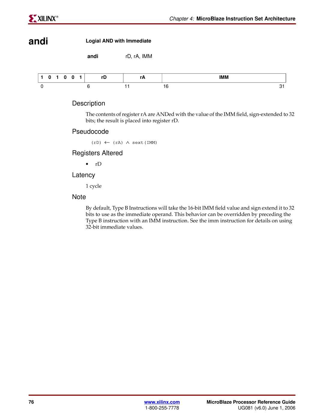 Xilinx EDK 8.2i manual Logial and with Immediate Andi RD, rA, IMM 