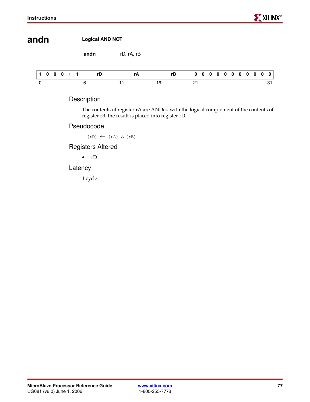 Xilinx EDK 8.2i manual Logical and not, Andn RD, rA, rB 