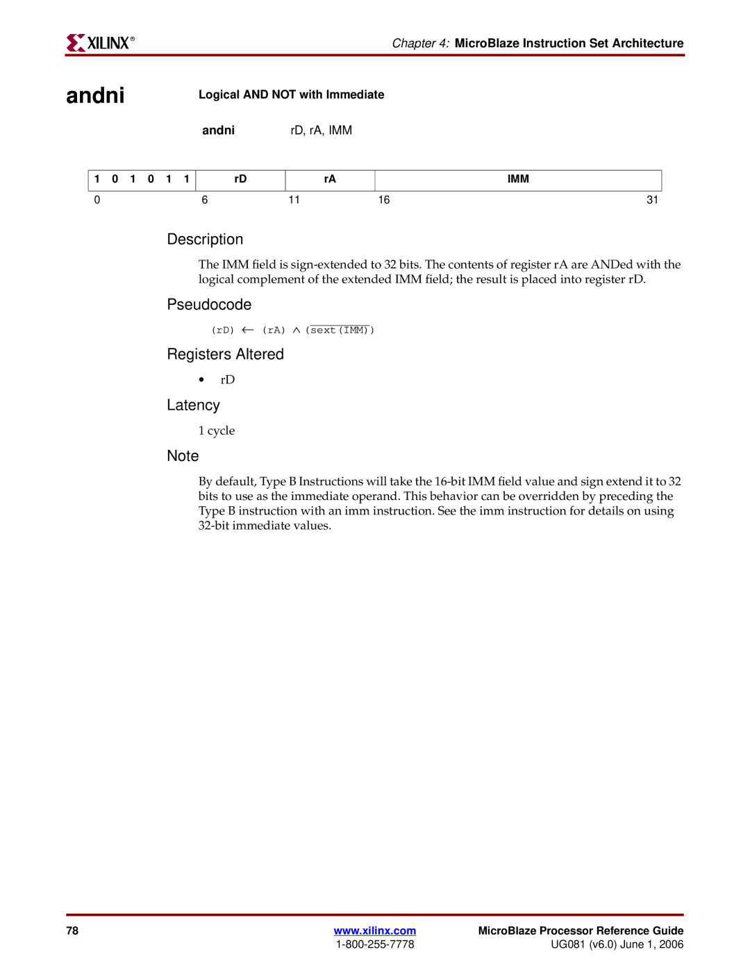 Xilinx EDK 8.2i manual Logical and not with Immediate Andni RD, rA, IMM 