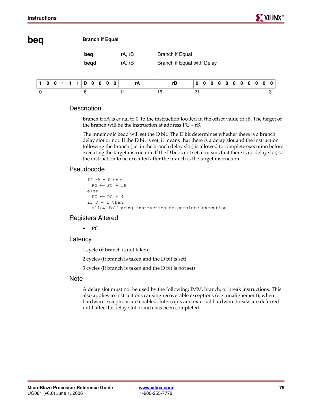 Xilinx EDK 8.2i manual Branch if Equal Beq, Beqd 