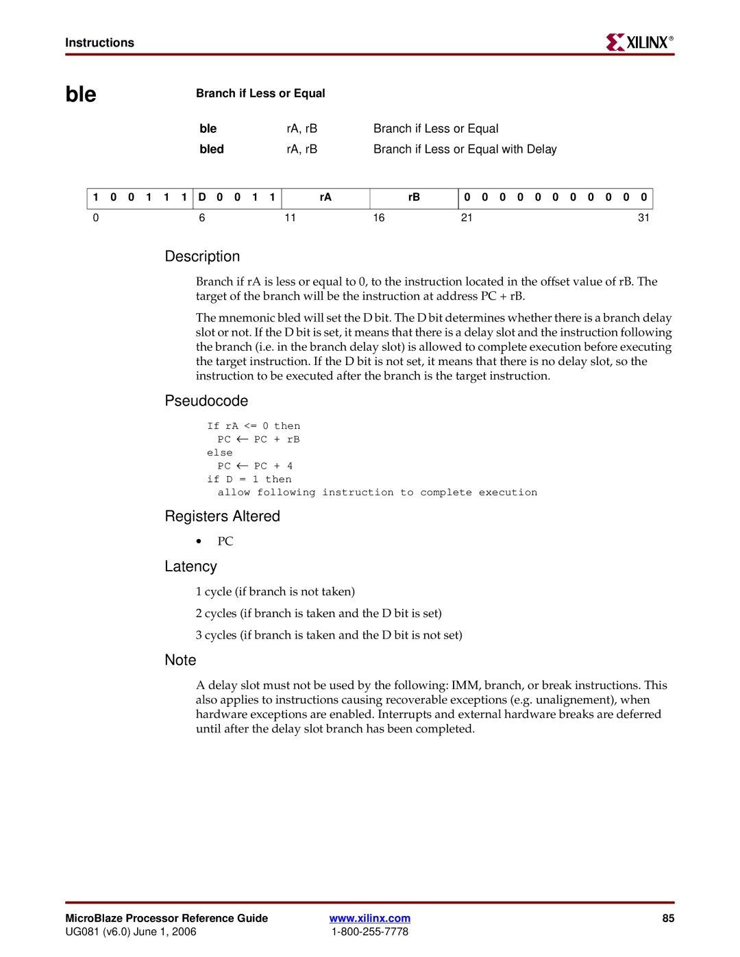 Xilinx EDK 8.2i manual Branch if Less or Equal Ble, Bled 