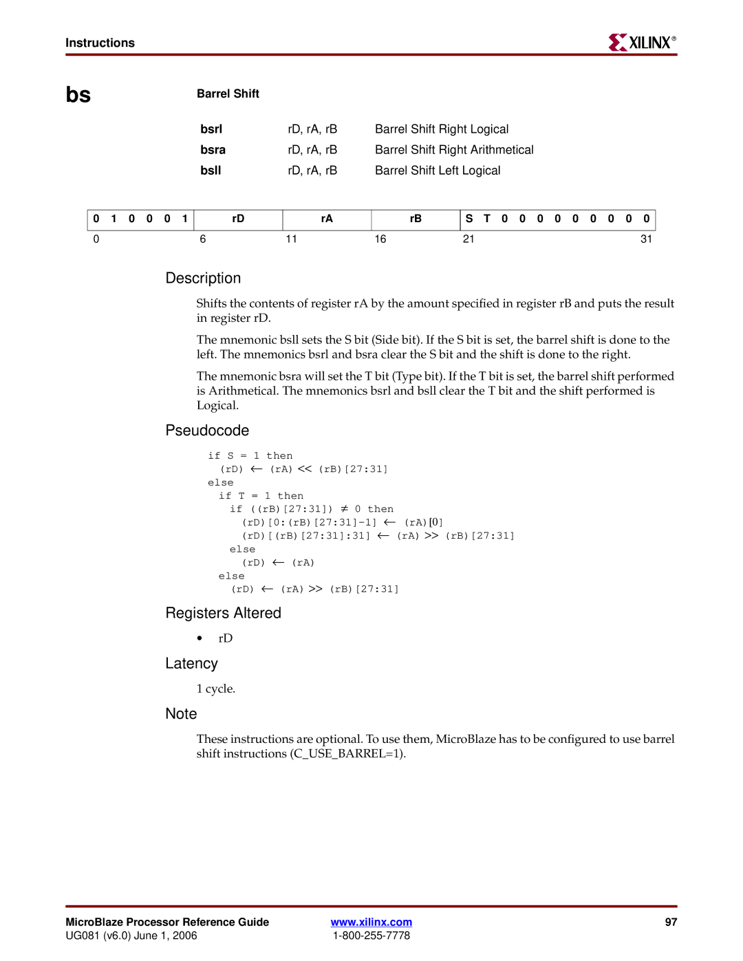 Xilinx EDK 8.2i manual Instructions Barrel Shift Bsrl, Bsra, Bsll 