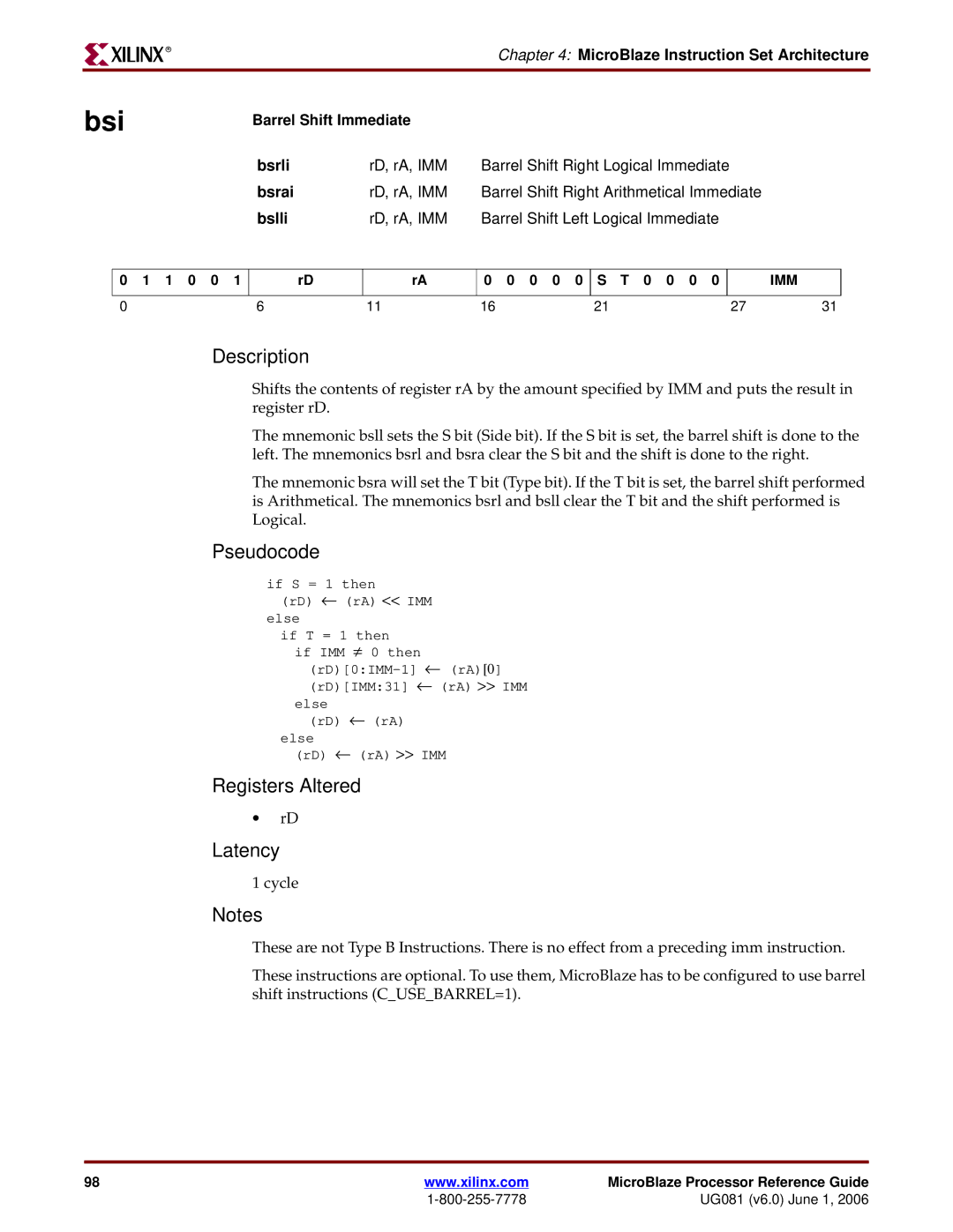 Xilinx EDK 8.2i manual Bsi, Barrel Shift Immediate Bsrli, Bsrai, Bslli 