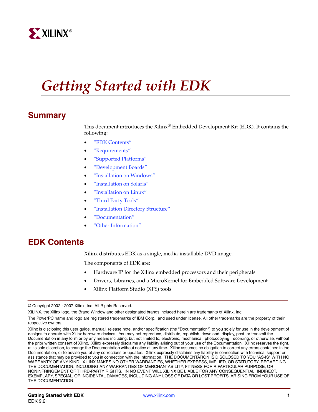 Xilinx EDK 9.2I warranty Summary, EDK Contents 