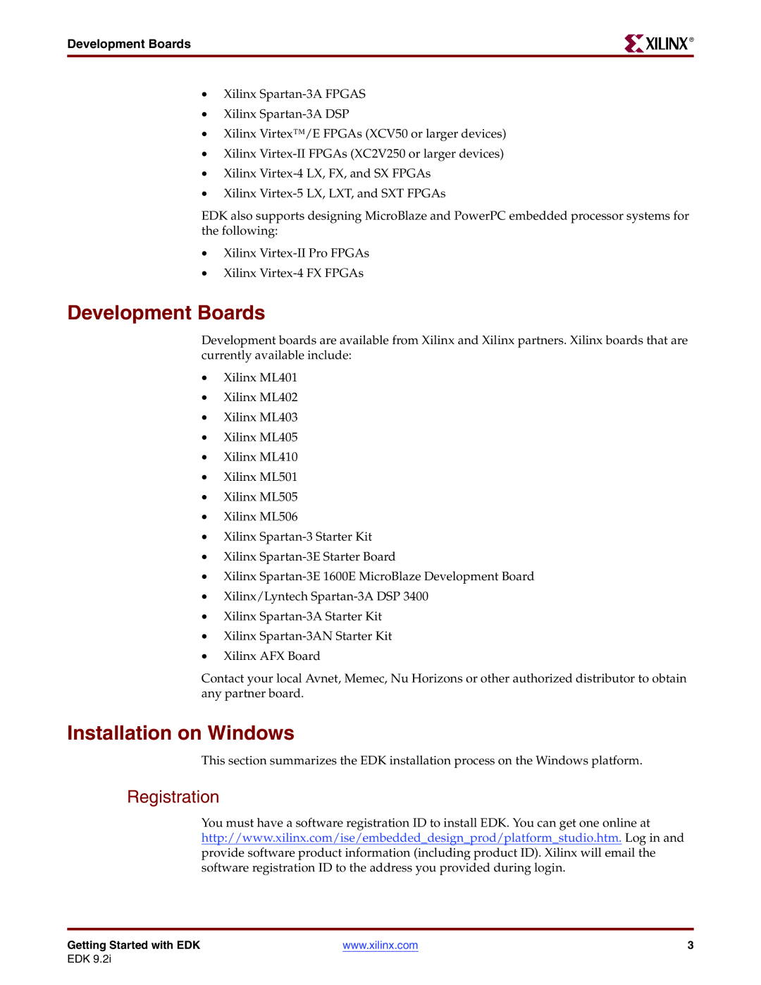 Xilinx EDK 9.2I warranty Development Boards, Installation on Windows, Registration 