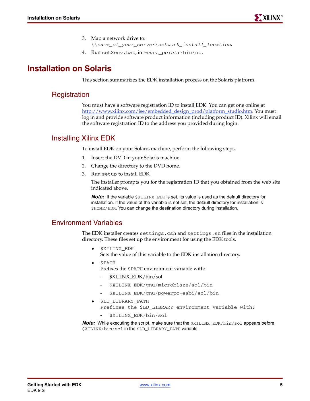 Xilinx EDK 9.2I warranty Installation on Solaris, Registration Installing Xilinx EDK 