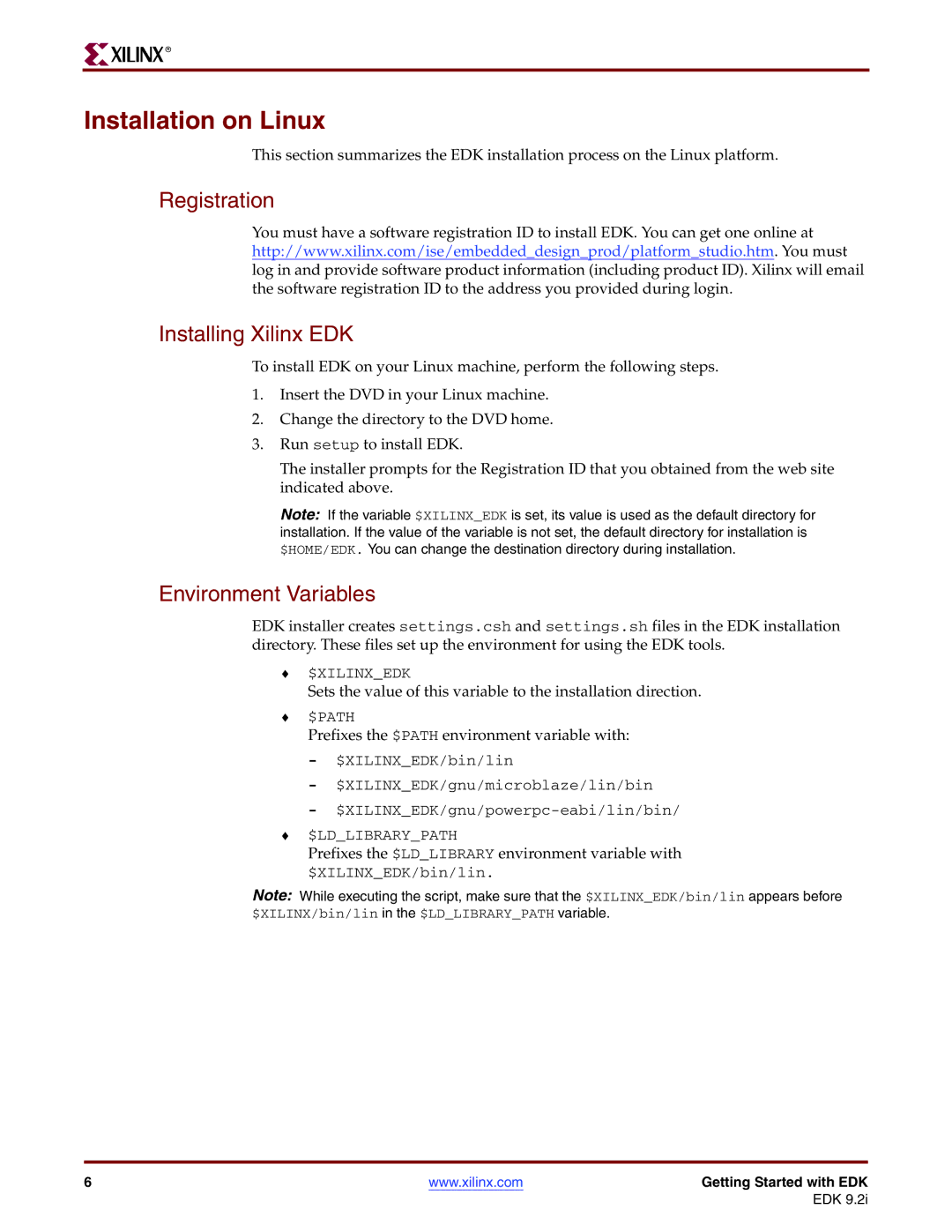 Xilinx EDK 9.2I warranty Installation on Linux, Prefixes the $PATH environment variable with 