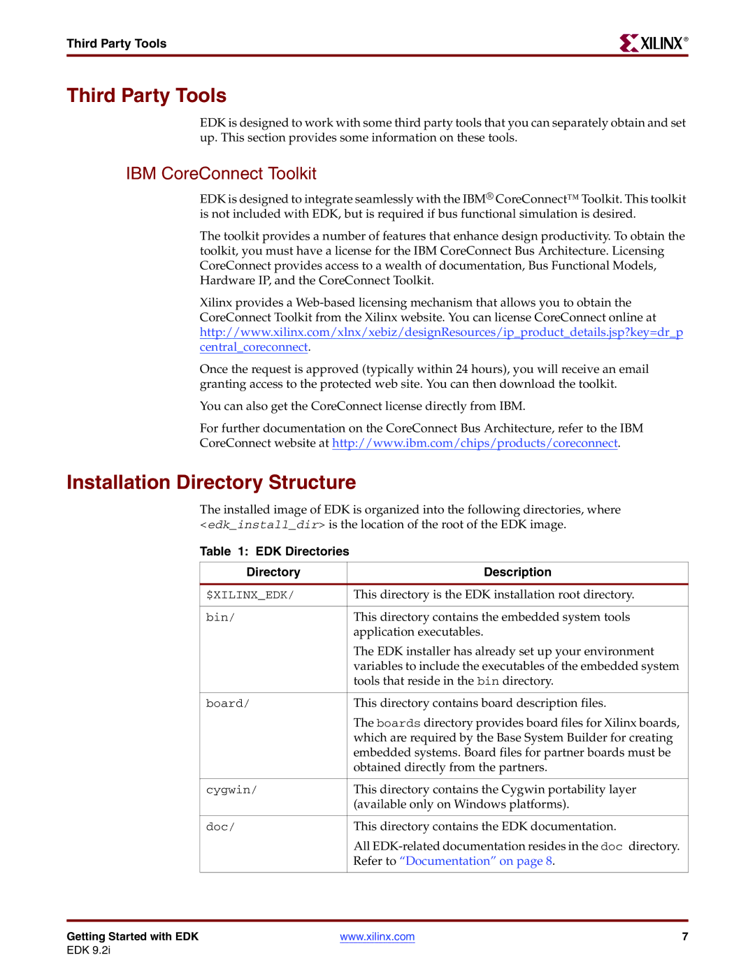 Xilinx EDK 9.2I warranty Third Party Tools, Installation Directory Structure, IBM CoreConnect Toolkit 