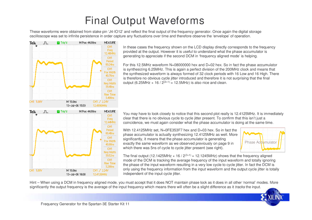 Xilinx Frequency Generator manual Final Output Waveforms, Phase Accumulator 