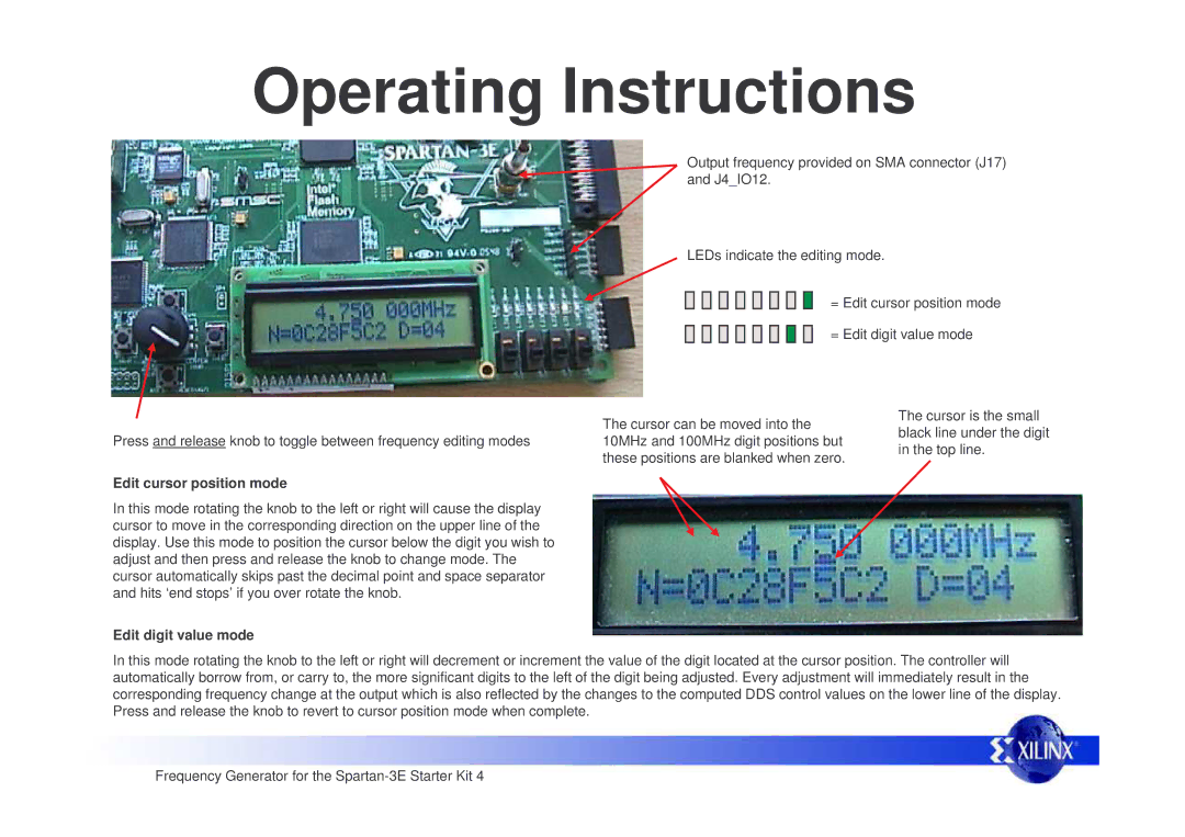 Xilinx Frequency Generator manual Operating Instructions, Edit cursor position mode, Edit digit value mode 