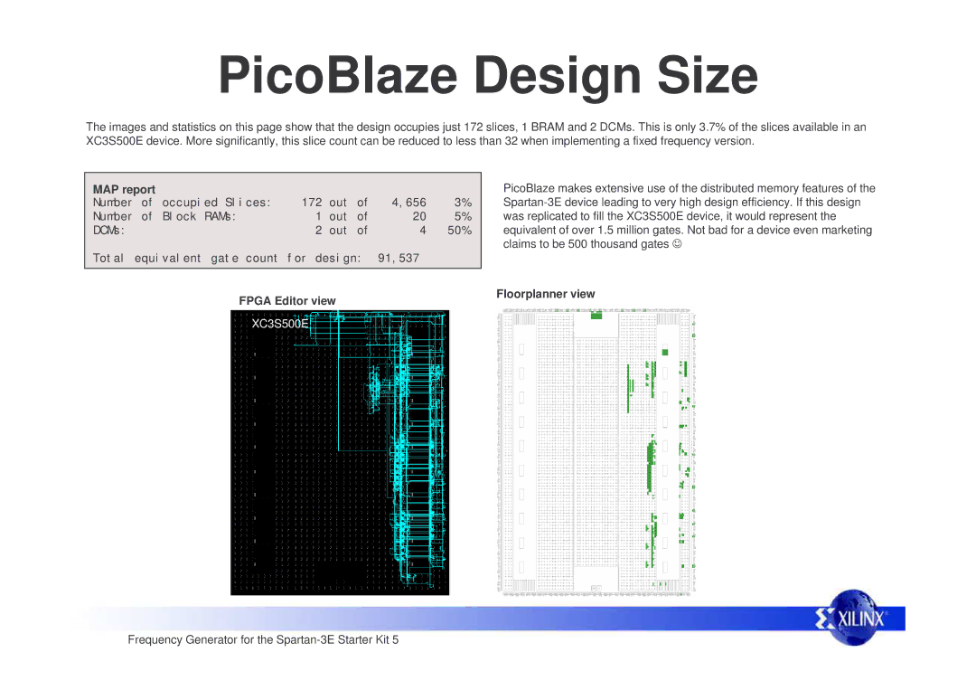 Xilinx Frequency Generator manual PicoBlaze Design Size, MAP report, Fpga Editor view 