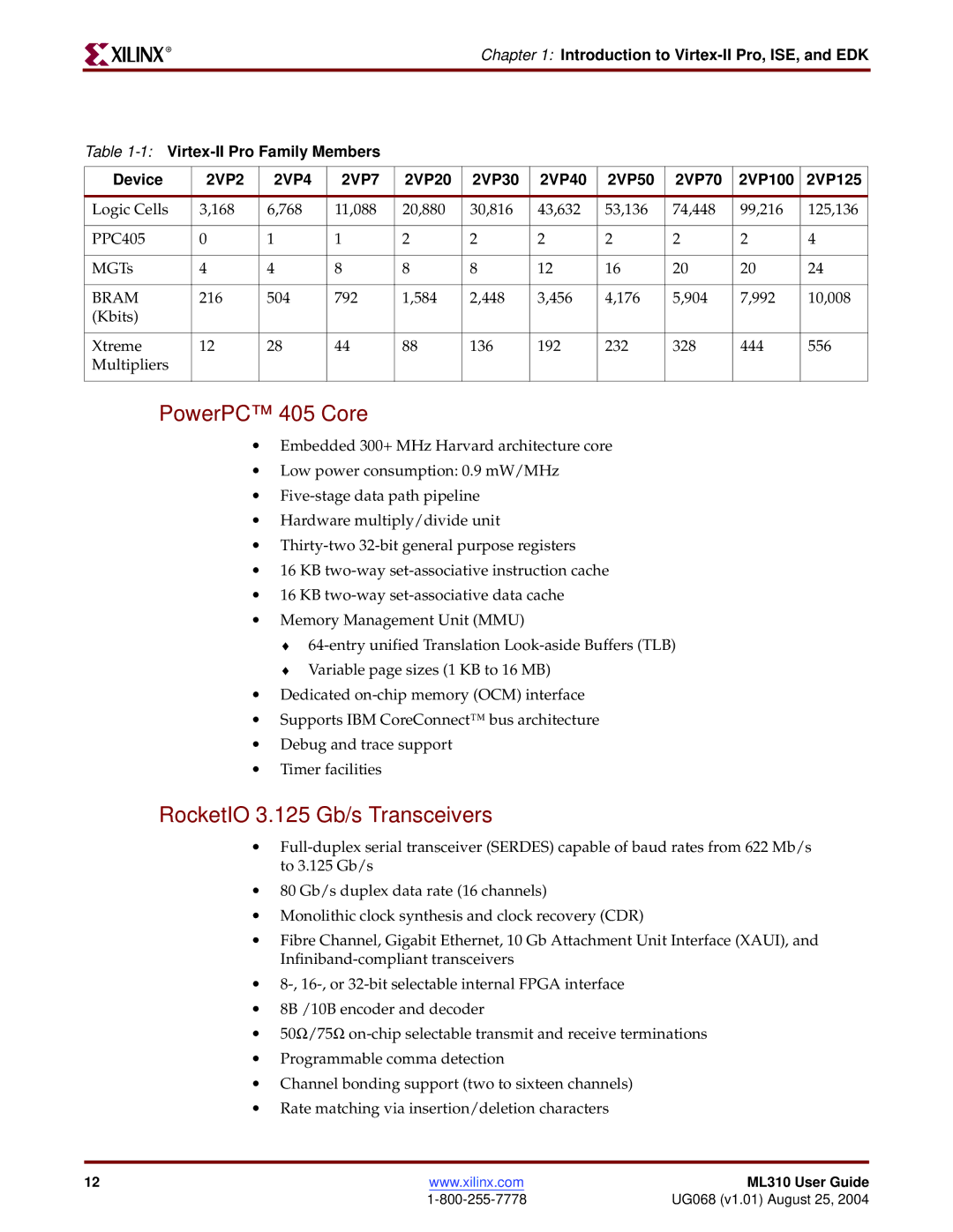 Xilinx ML310 manual PowerPC 405 Core, RocketIO 3.125 Gb/s Transceivers 