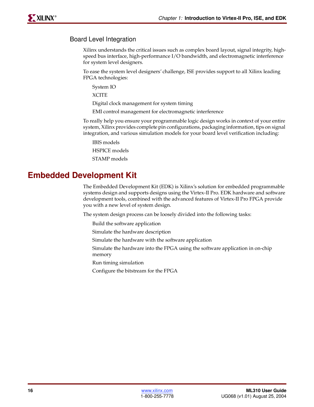 Xilinx ML310 manual Embedded Development Kit, Board Level Integration 