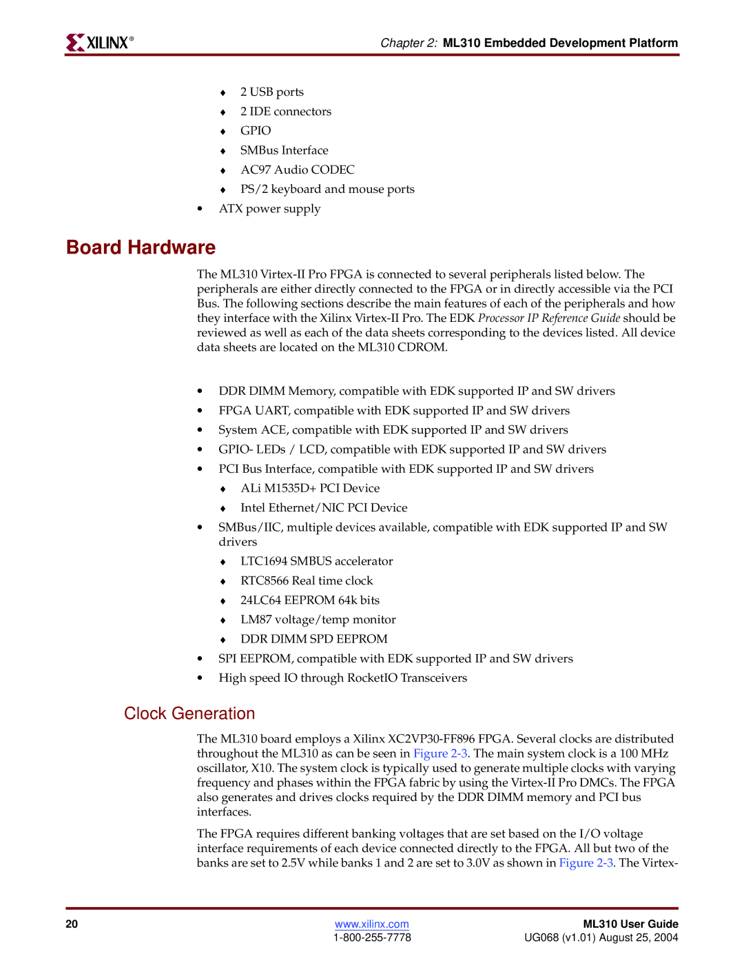 Xilinx ML310 manual Board Hardware, Clock Generation 