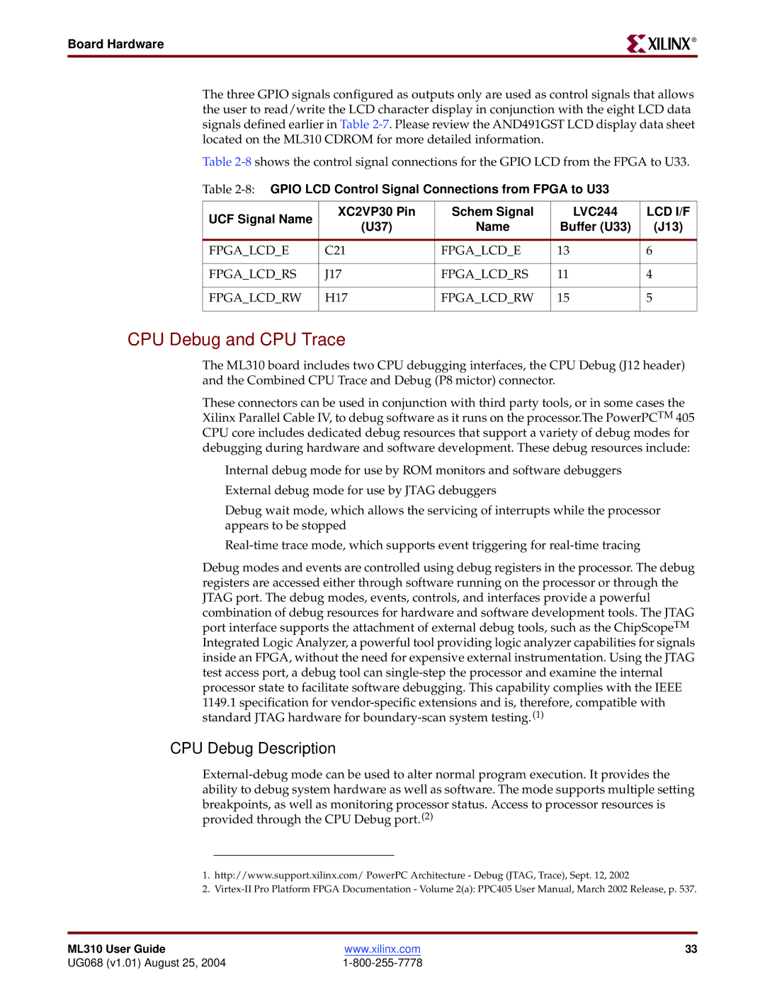 Xilinx ML310 manual CPU Debug and CPU Trace, CPU Debug Description, Buffer U33 J13 