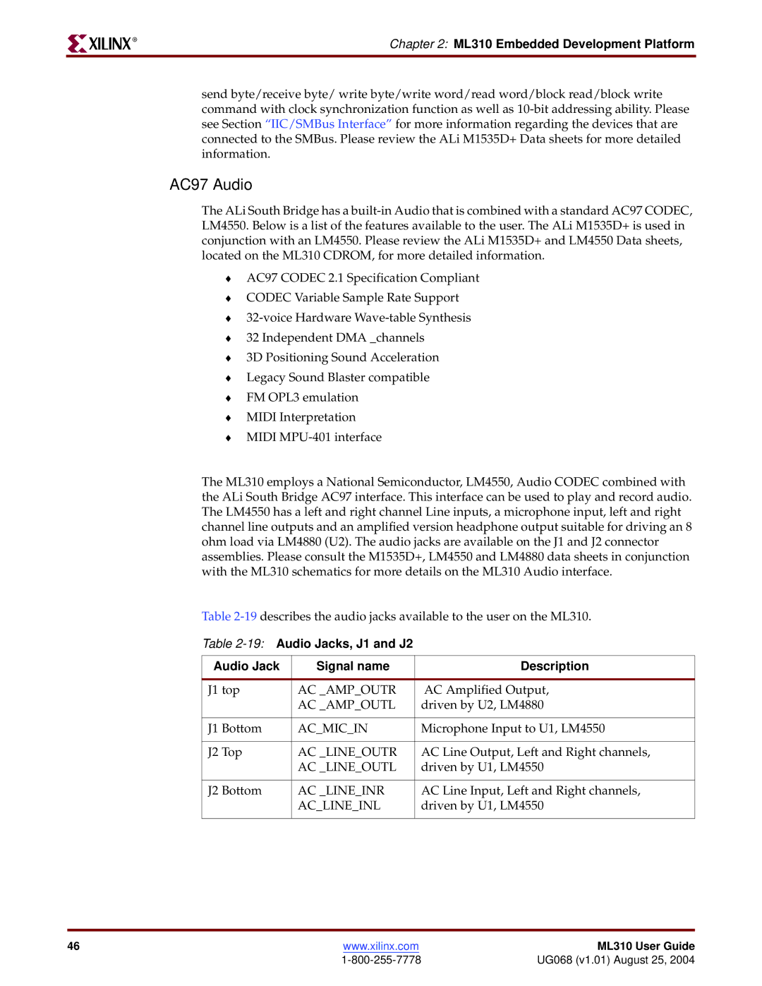 Xilinx ML310 manual AC97 Audio, 19Audio Jacks, J1 and J2 Signal name Description 