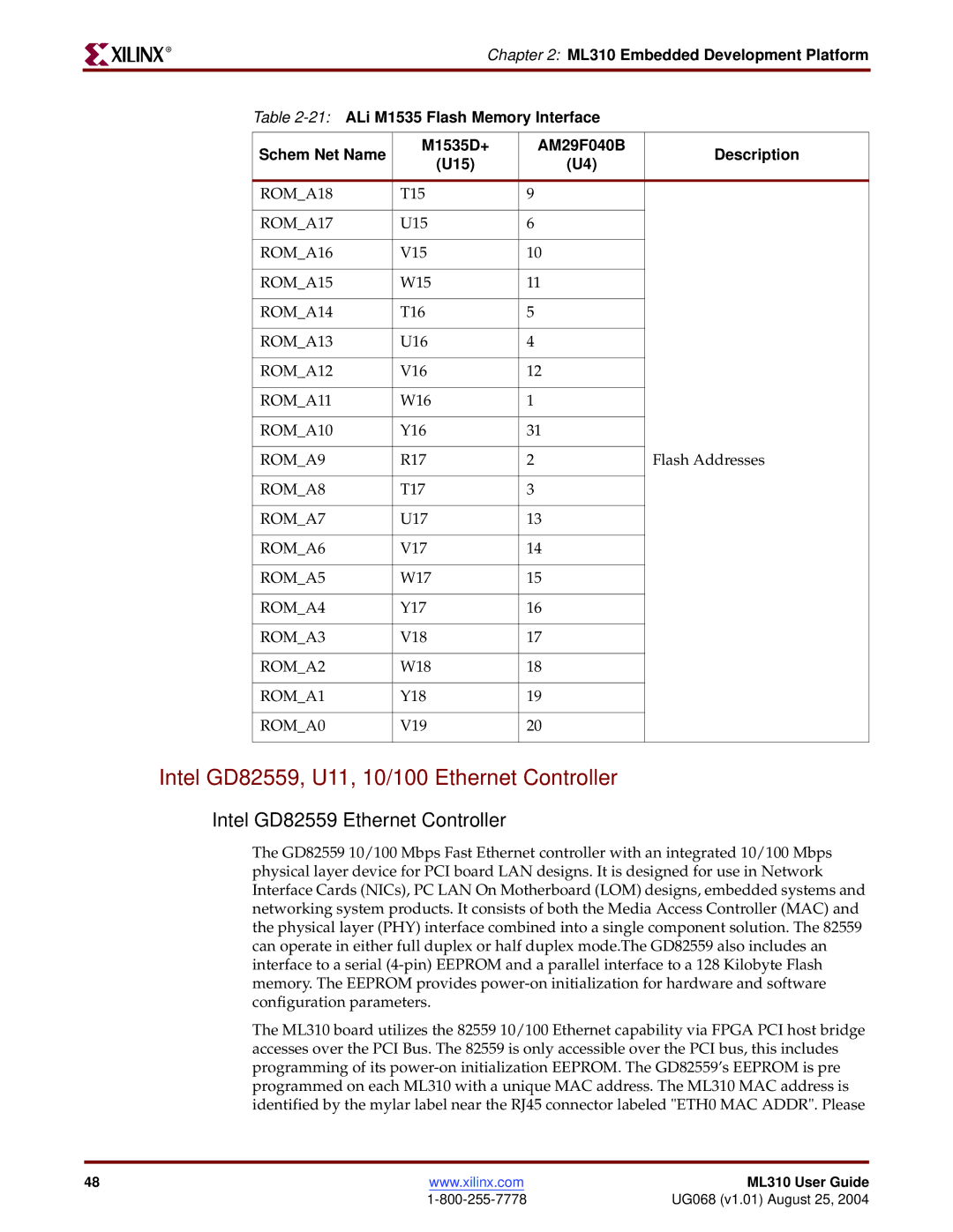 Xilinx ML310 manual Intel GD82559, U11, 10/100 Ethernet Controller, Intel GD82559 Ethernet Controller 