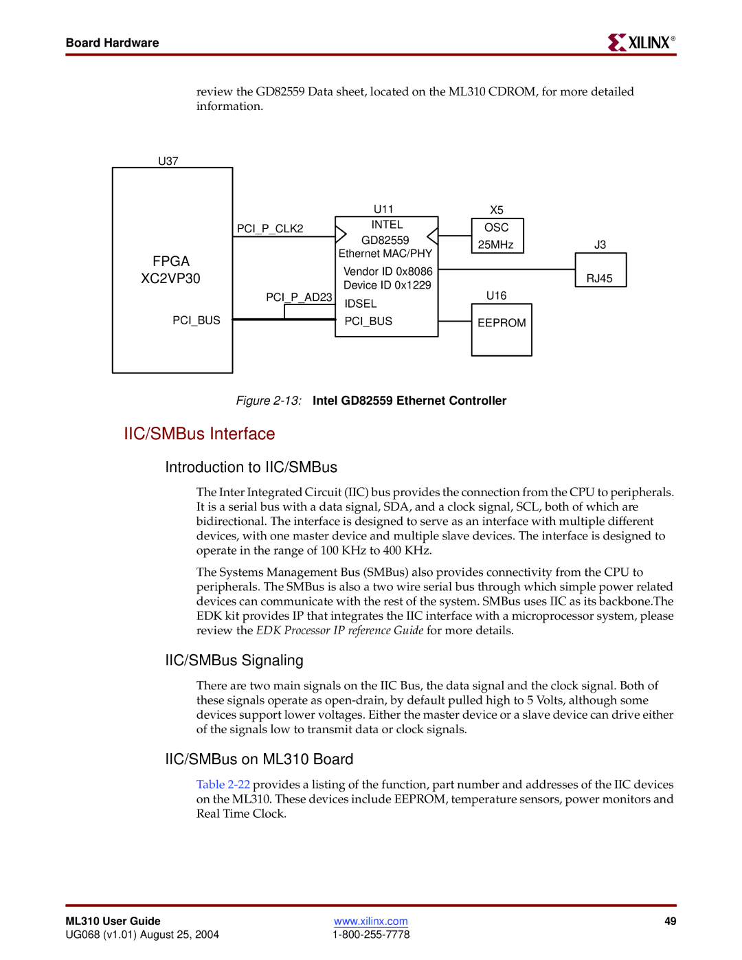 Xilinx manual IIC/SMBus Interface, Introduction to IIC/SMBus, IIC/SMBus Signaling, IIC/SMBus on ML310 Board 