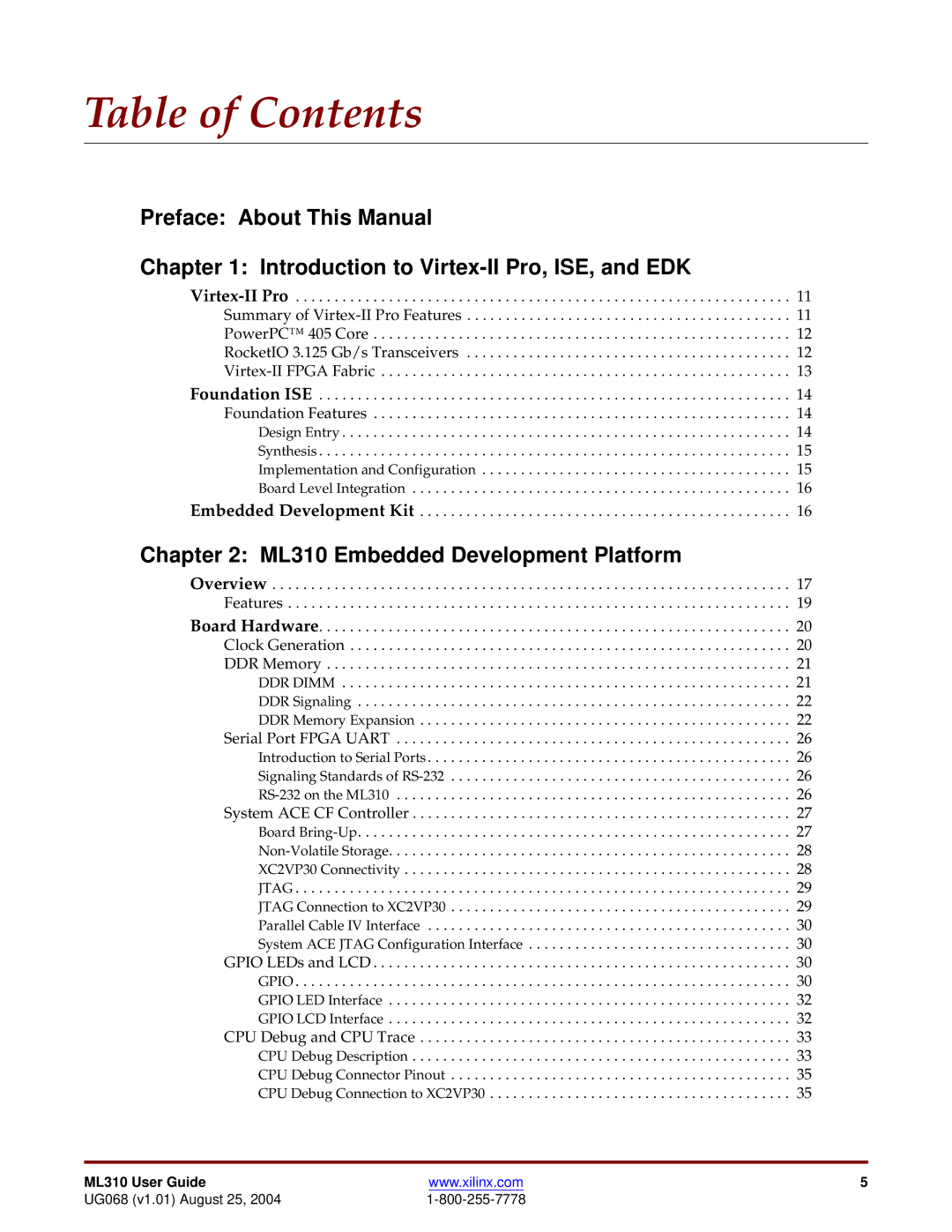 Xilinx ML310 manual Table of Contents 