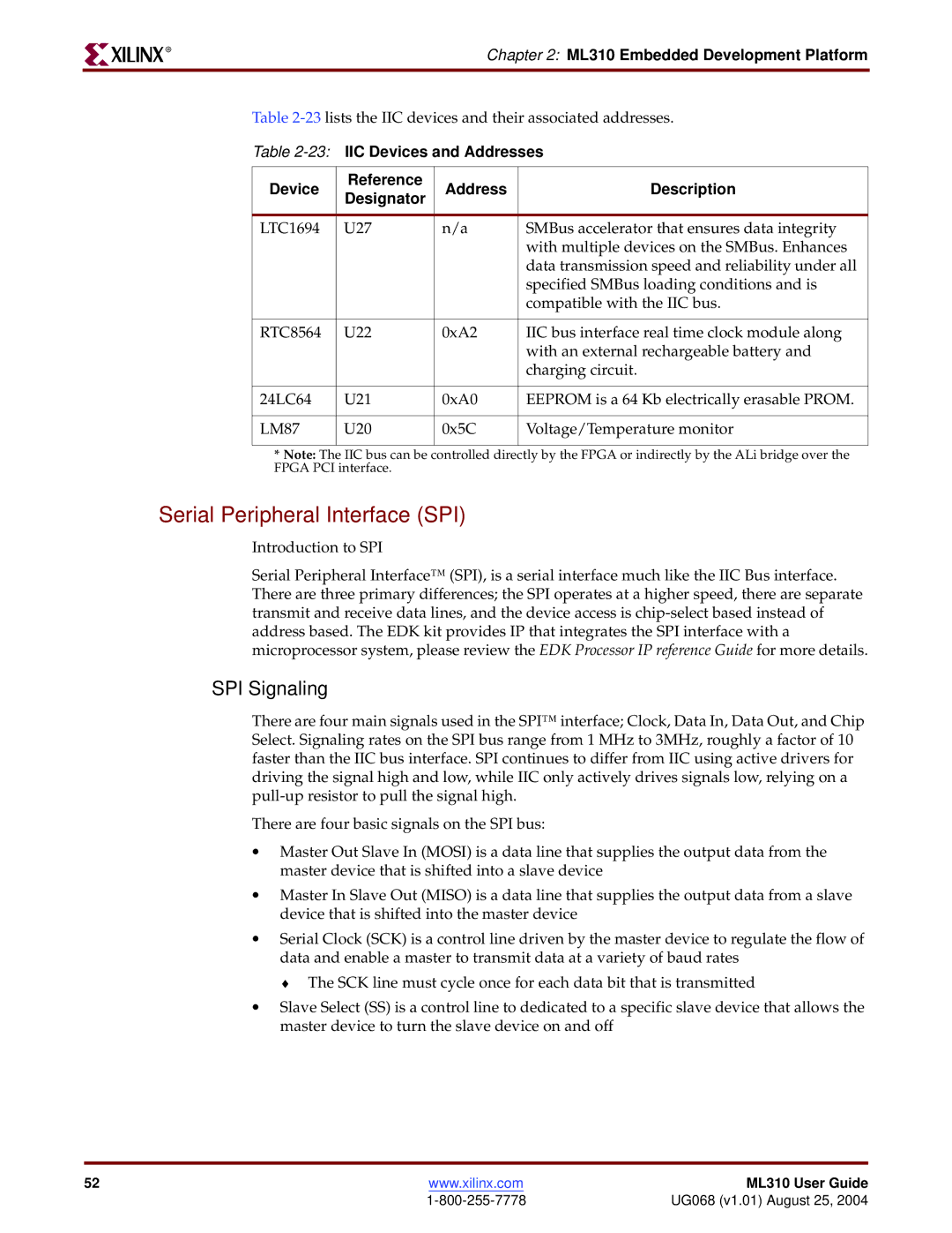 Xilinx ML310 manual Serial Peripheral Interface SPI, SPI Signaling 