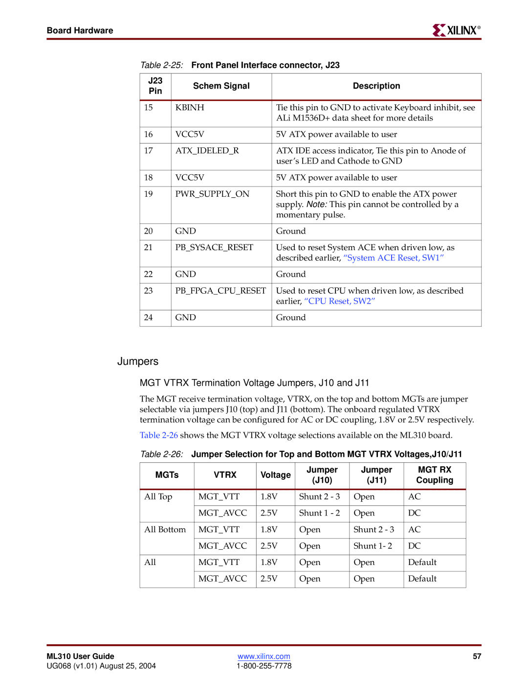 Xilinx ML310 manual Jumpers, Voltage Jumper, J10 J11 Coupling 