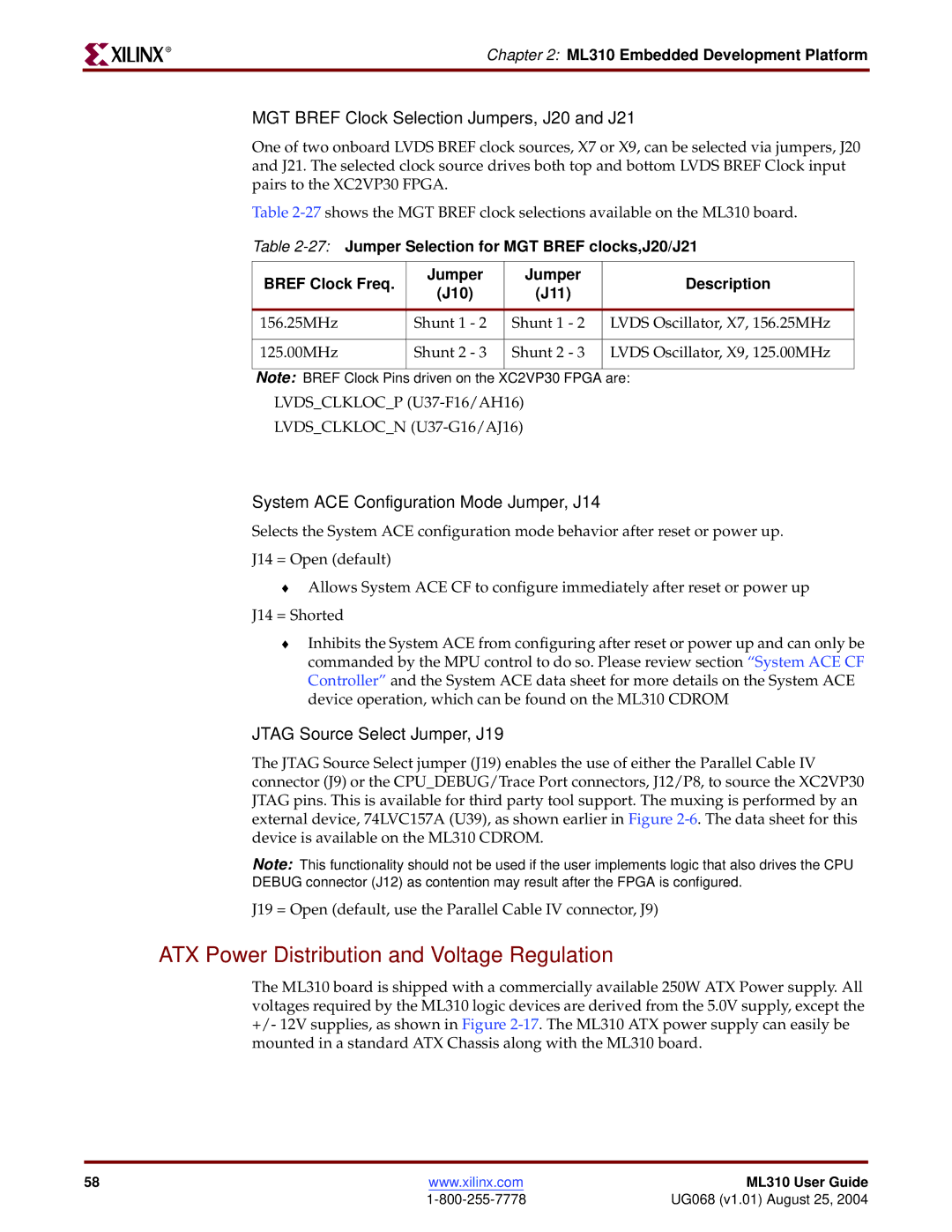 Xilinx ML310 manual ATX Power Distribution and Voltage Regulation, MGT Bref Clock Selection Jumpers, J20 and J21 