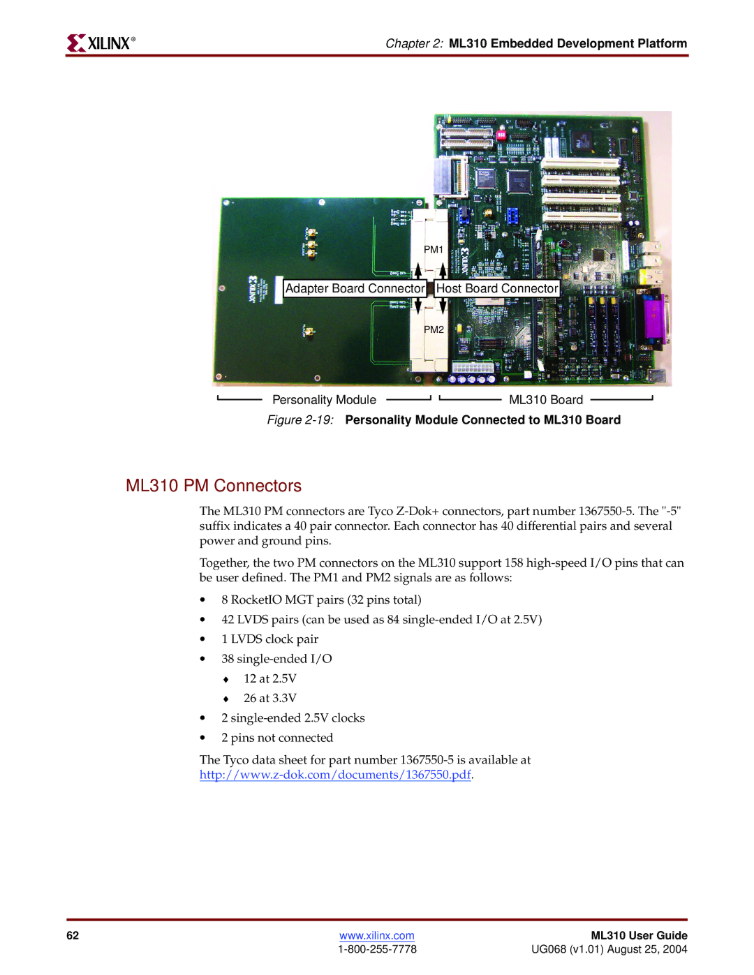 Xilinx manual ML310 PM Connectors, 19Personality Module Connected to ML310 Board 