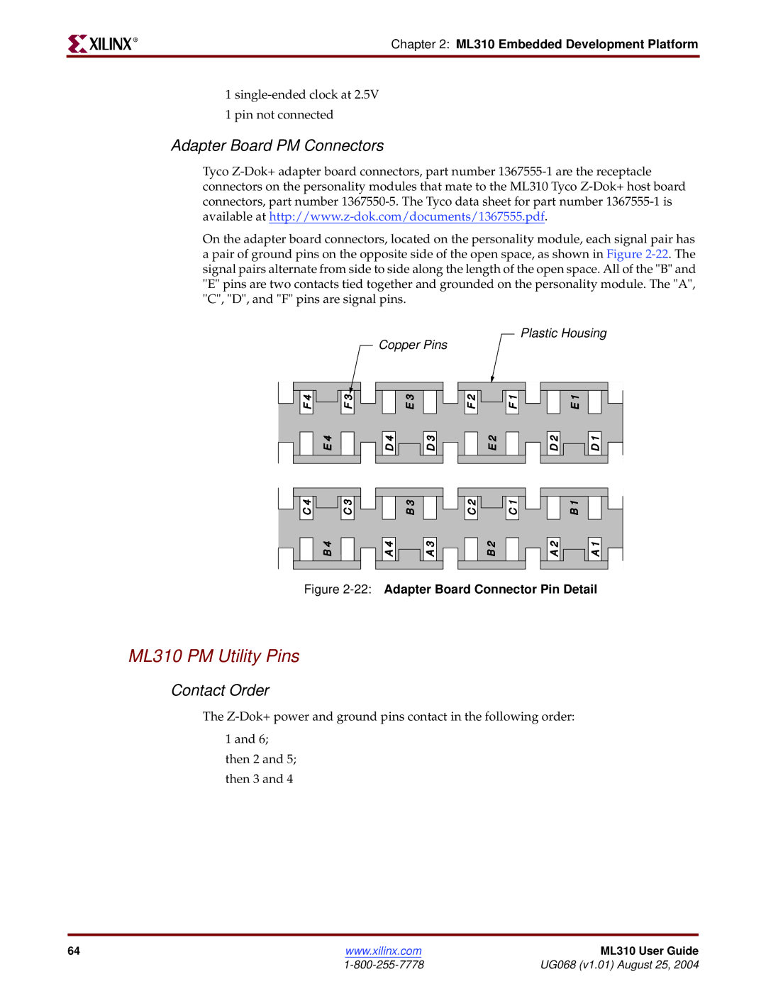 Xilinx manual ML310 PM Utility Pins, Adapter Board PM Connectors, Contact Order 