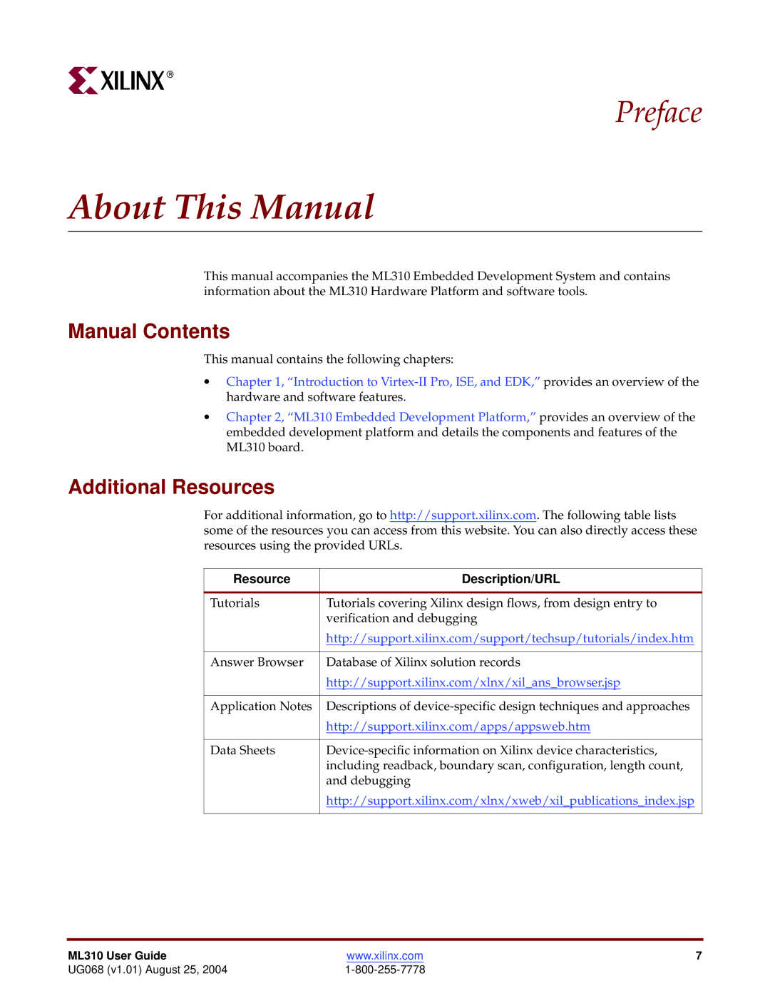 Xilinx ML310 manual Manual Contents, Additional Resources 