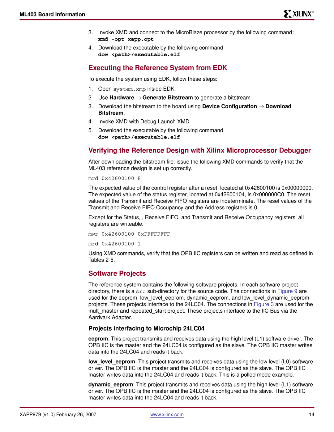 Xilinx ML403 specifications Executing the Reference System from EDK, Software Projects 