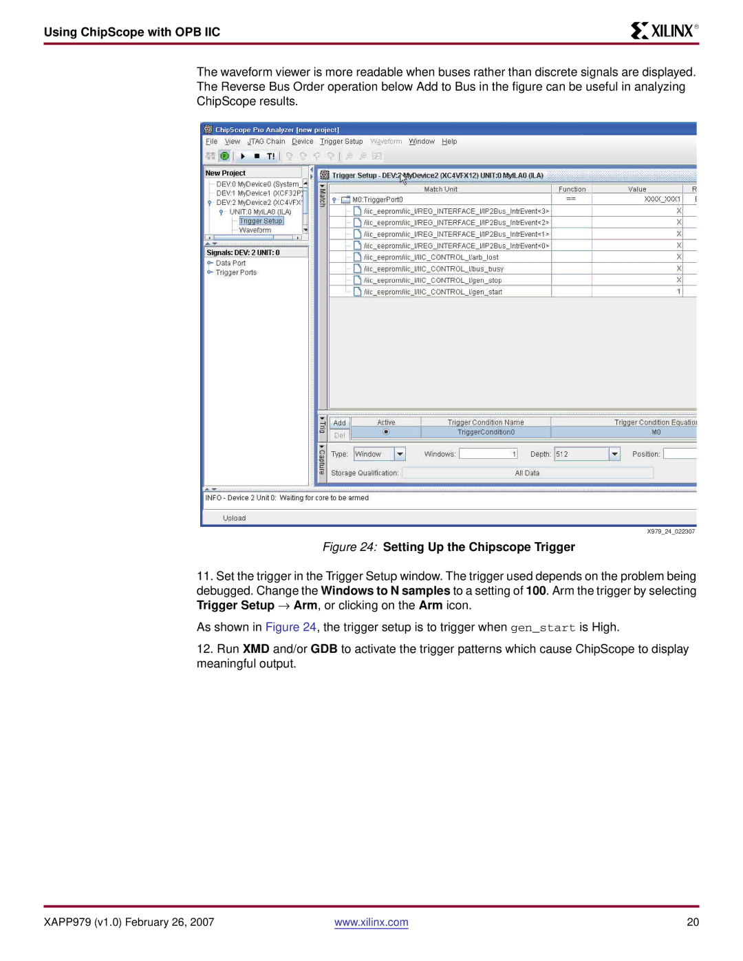 Xilinx ML403 specifications Setting Up the Chipscope Trigger 