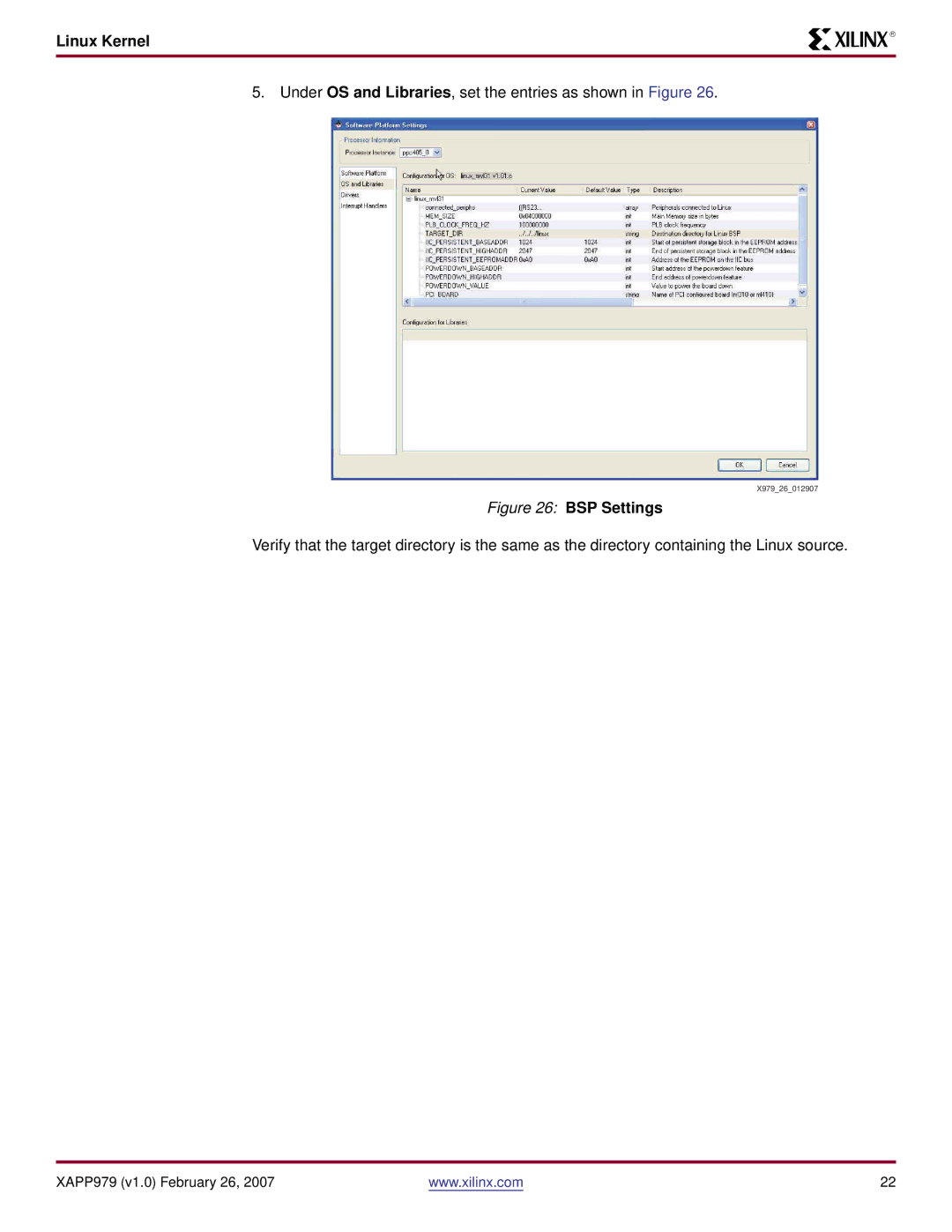 Xilinx ML403 specifications BSP Settings 