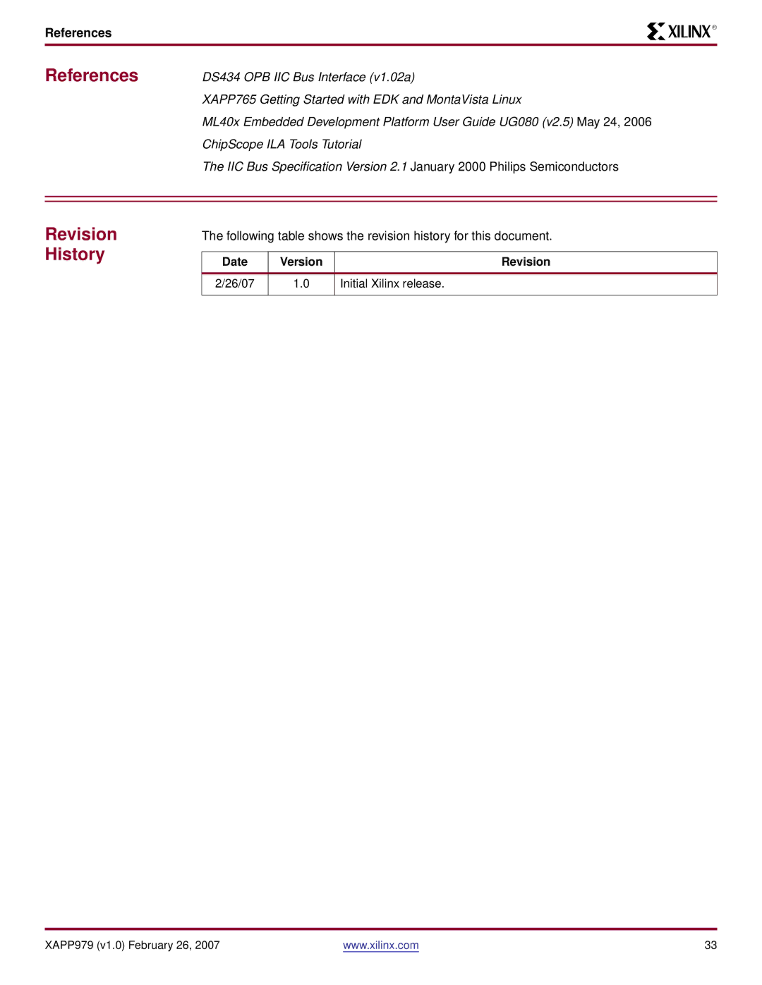 Xilinx ML403 specifications Revision, History, References 