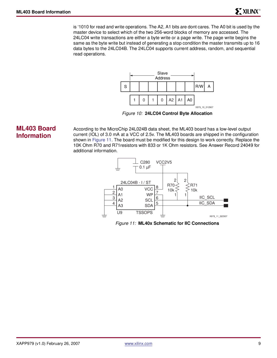 Xilinx ML403 specifications 24LC04 Control Byte Allocation, ML40x Schematic for IIC Connections 